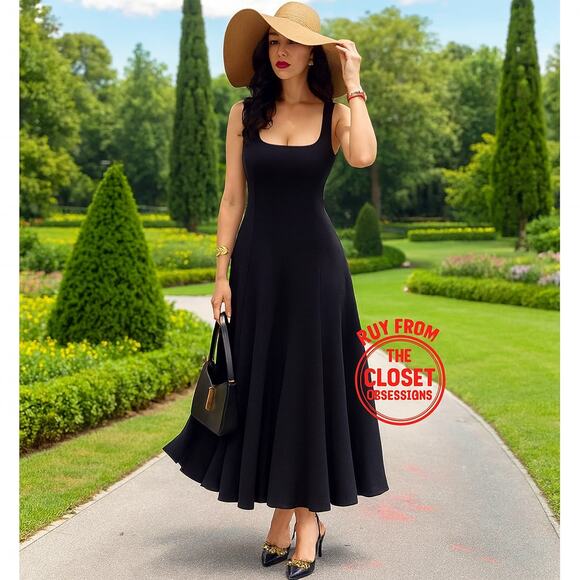 ZARA A-Line Black Midi Dress NWT Square Neck Size M and L - Picture 1 of 16